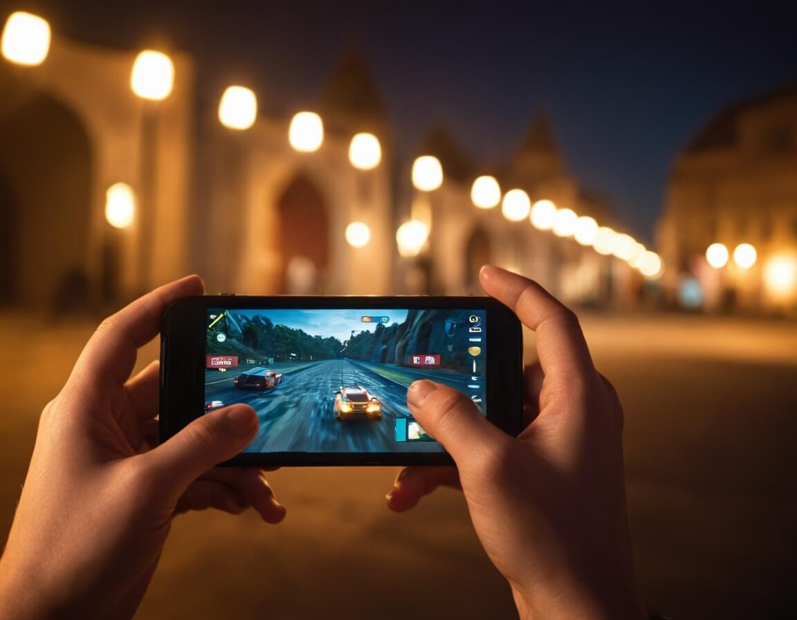 Group of diverse Indian friends enjoying mobile gaming together in a vibrant urban setting